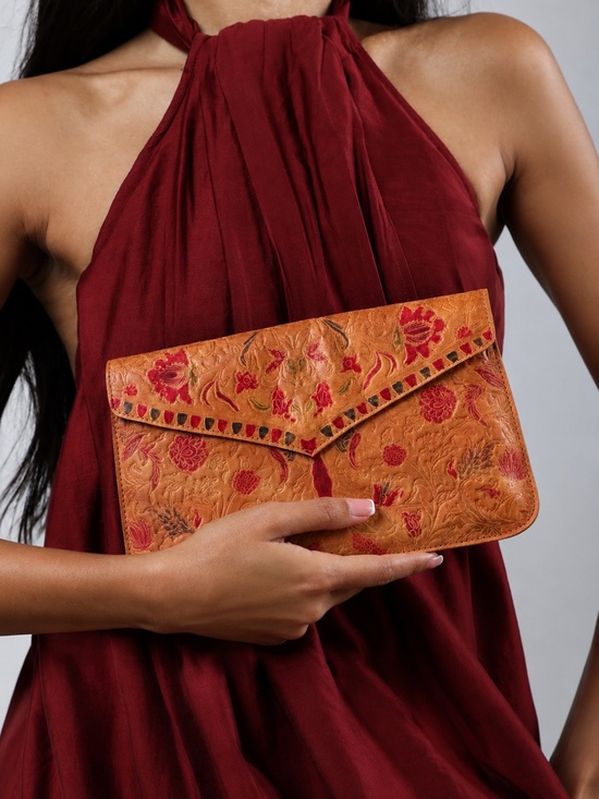 Handbags - Vintage Tooled Floral Leather Envelope Clutch | Boho Western | Genuine Leather